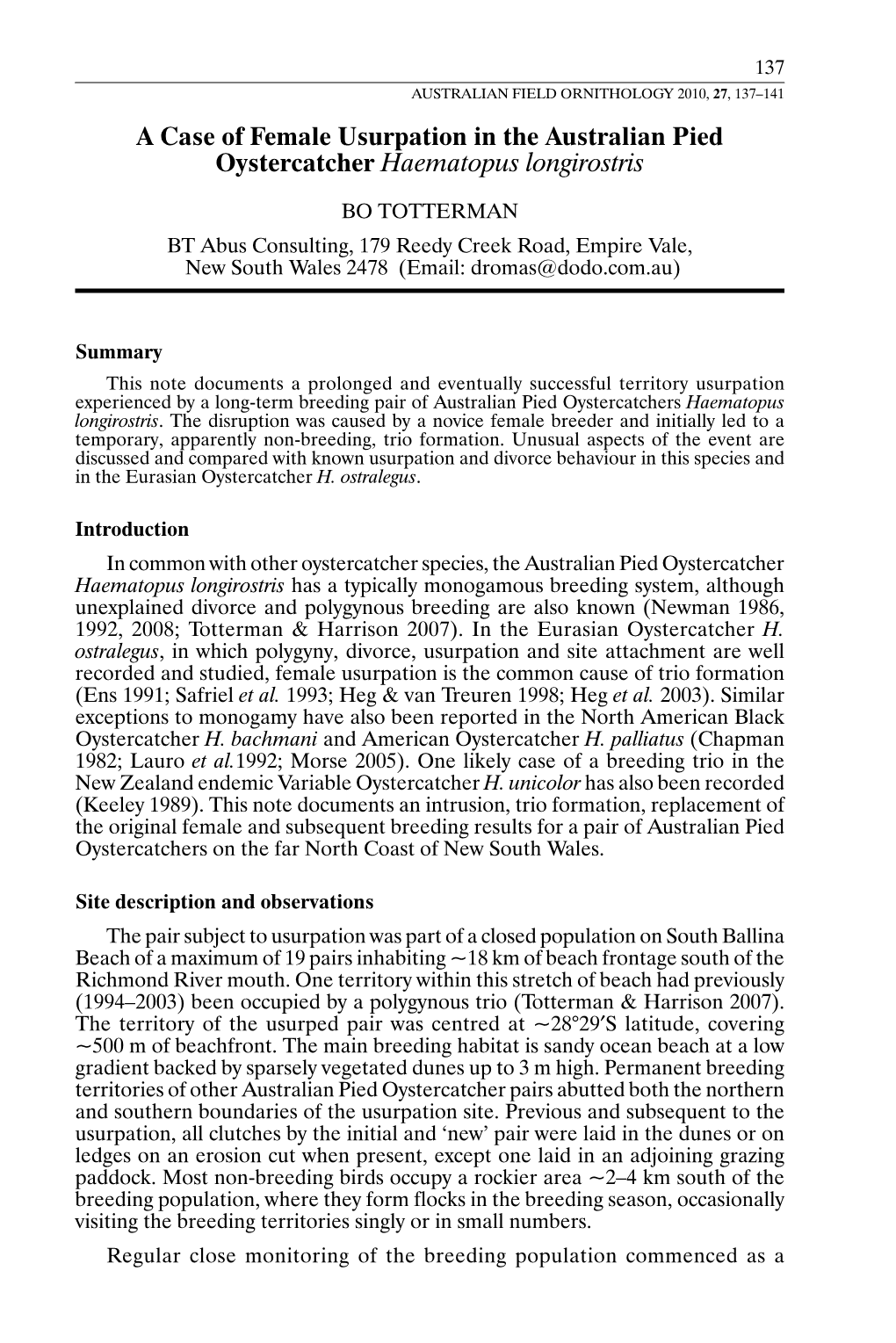 A Case of Female Usurpation in the Australian Pied Oystercatcher Haematopus Longirostris