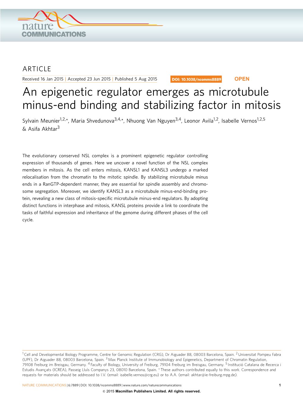 An Epigenetic Regulator Emerges As Microtubule Minus-End Binding and Stabilizing Factor in Mitosis