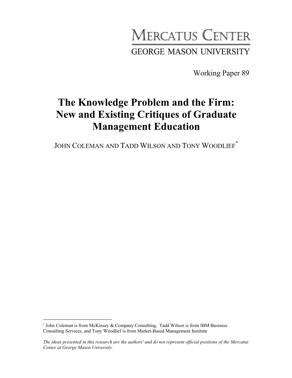 The Knowledge Problem and the Firm: New and Existing Critiques of Graduate Management Education