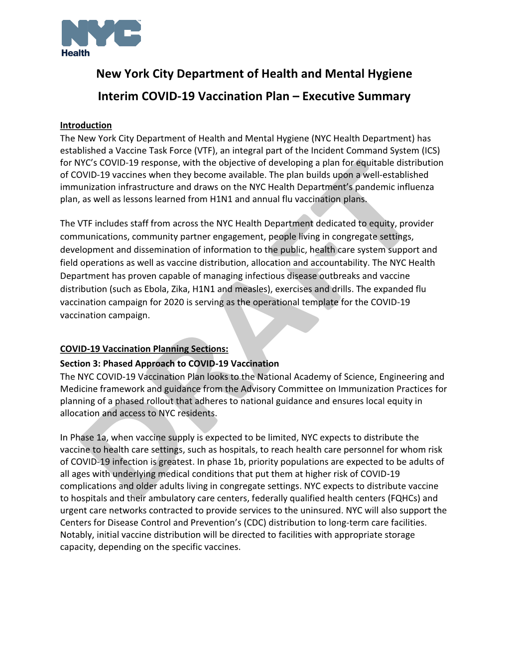 New York City Department of Health and Mental Hygiene Interim COVID-19 Vaccination Plan – Executive Summary