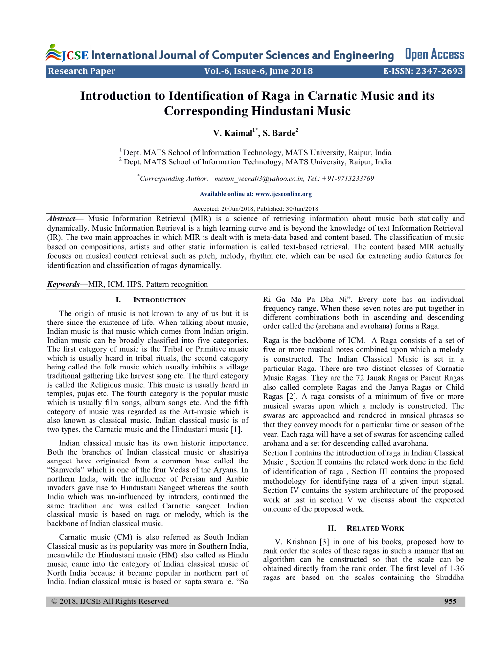 Introduction to Identification of Raga in Carnatic Music and Its Corresponding Hindustani Music
