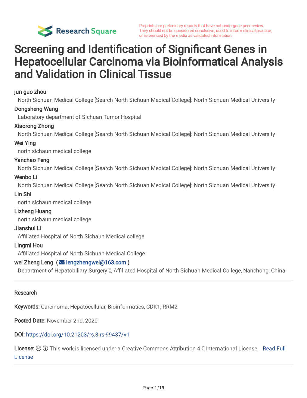 Screening and Identi Cation of Signi Cant Genes in Hepatocellular