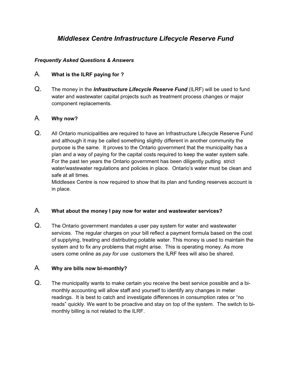 Middlesex Centre Infrastructure Lifecycle Reserve Fund