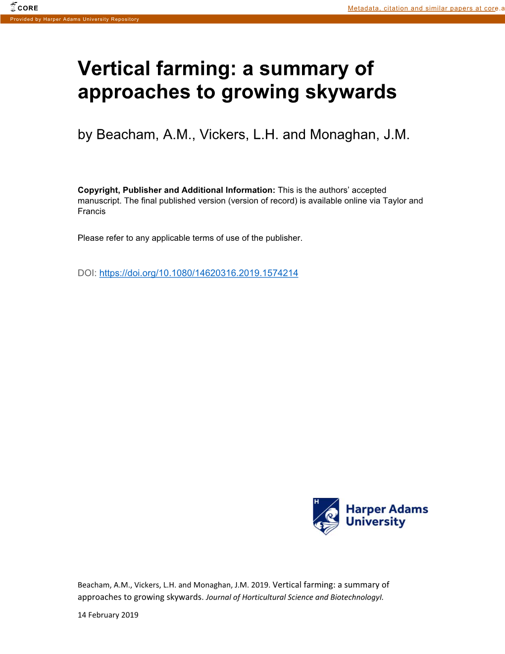 Vertical Farming: a Summary of Approaches to Growing Skywards