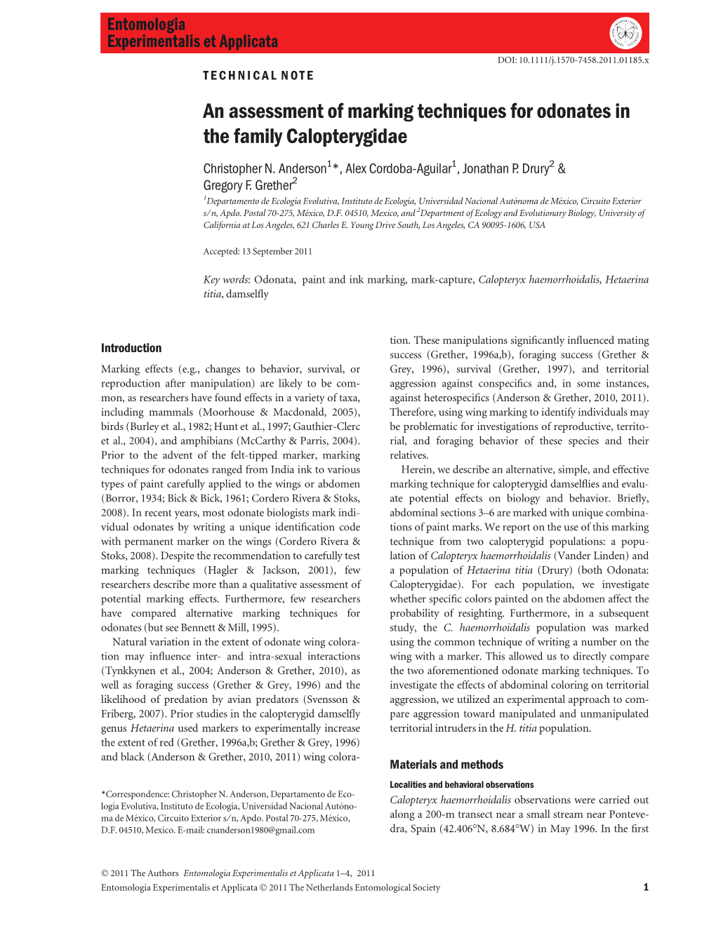 An Assessment of Marking Techniques for Odonates in the Family Calopterygidae