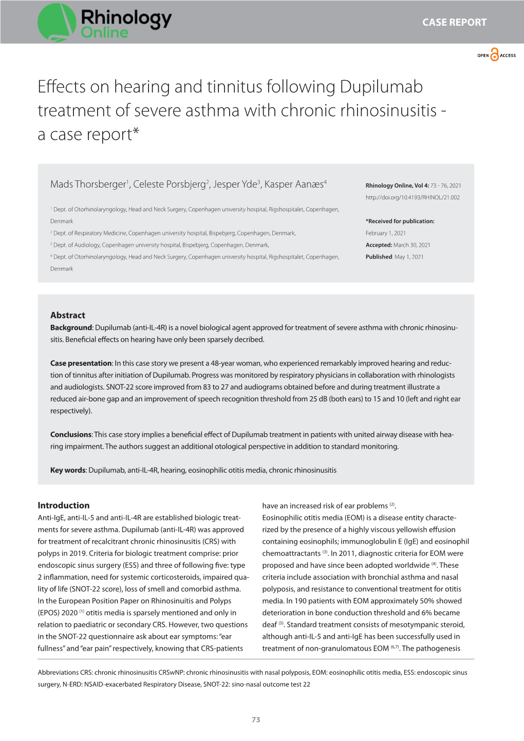 Effects on Hearing and Tinnitus Following Dupilumab Treatment of Severe Asthma with Chronic Rhinosinusitis - a Case Report*