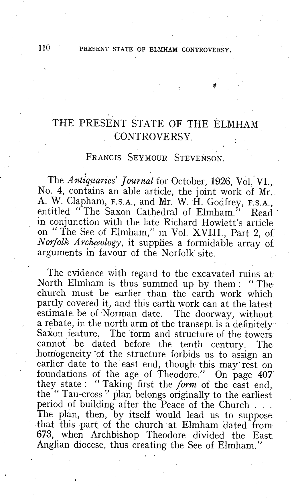 The Present State of the Elmham Controversy F. S. Stevenson