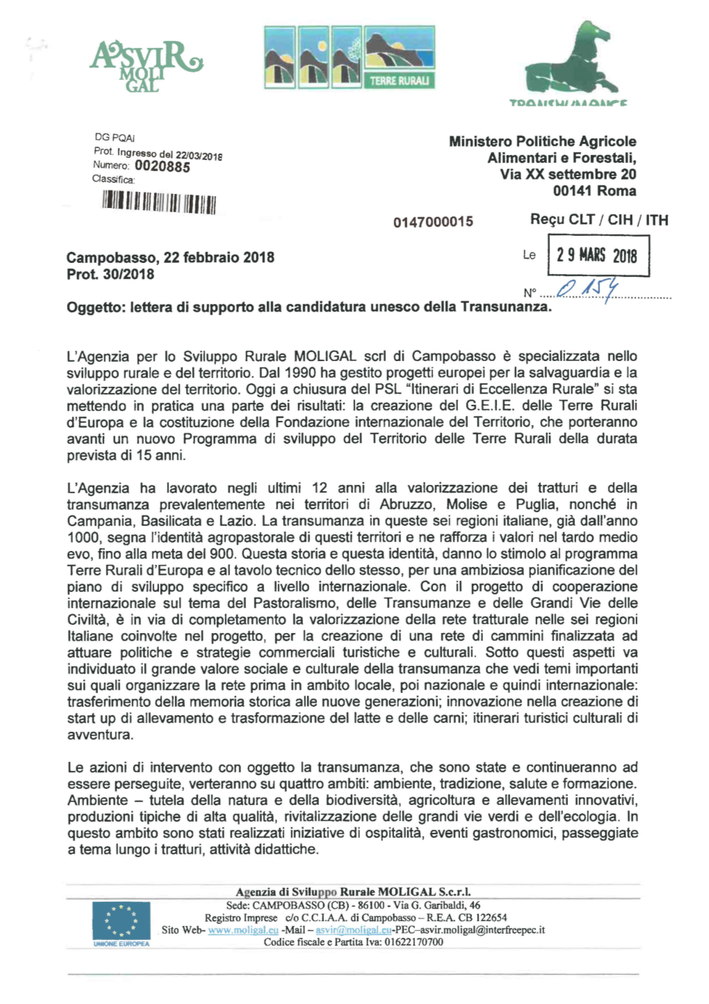 Le 12 9 MARS 2018 I Prot 30/2018 • ./..[! · 0 Oggetto: Lettera Di Supporto Alia Candidatura Unesco Della Transuna~Za: · T?