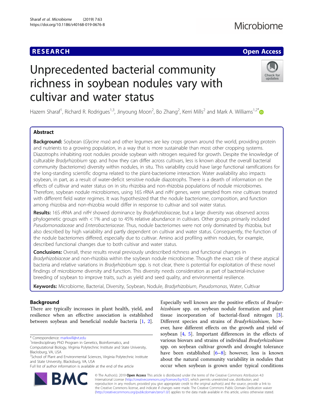 Unprecedented Bacterial Community Richness in Soybean Nodules Vary with Cultivar and Water Status Hazem Sharaf1, Richard R