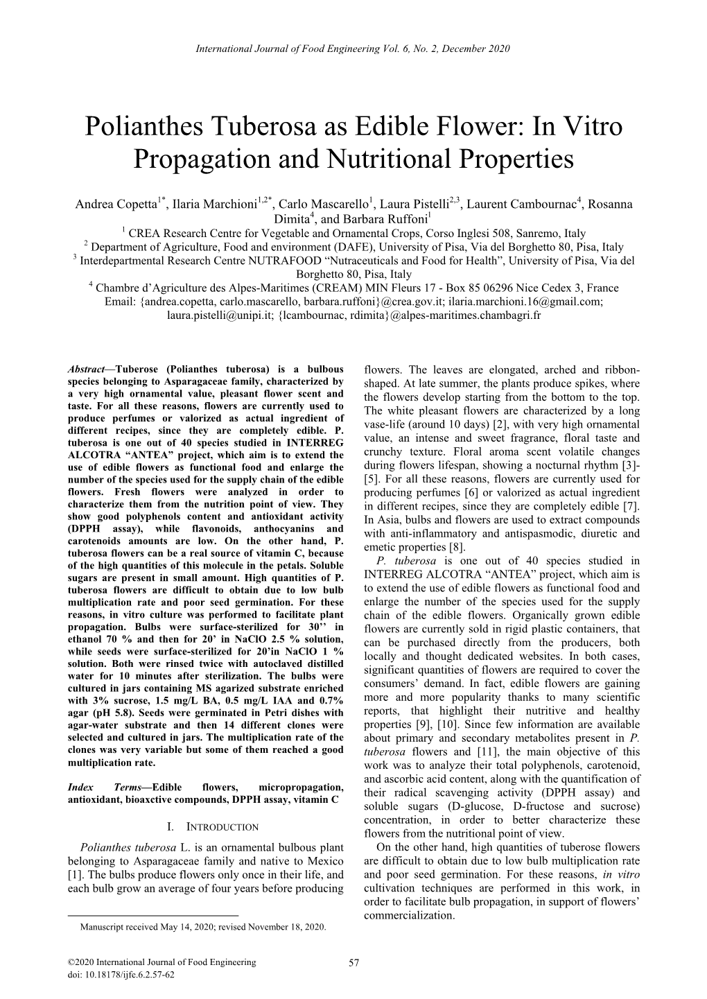 Polianthes Tuberosa As Edible Flower: in Vitro Propagation and Nutritional Properties