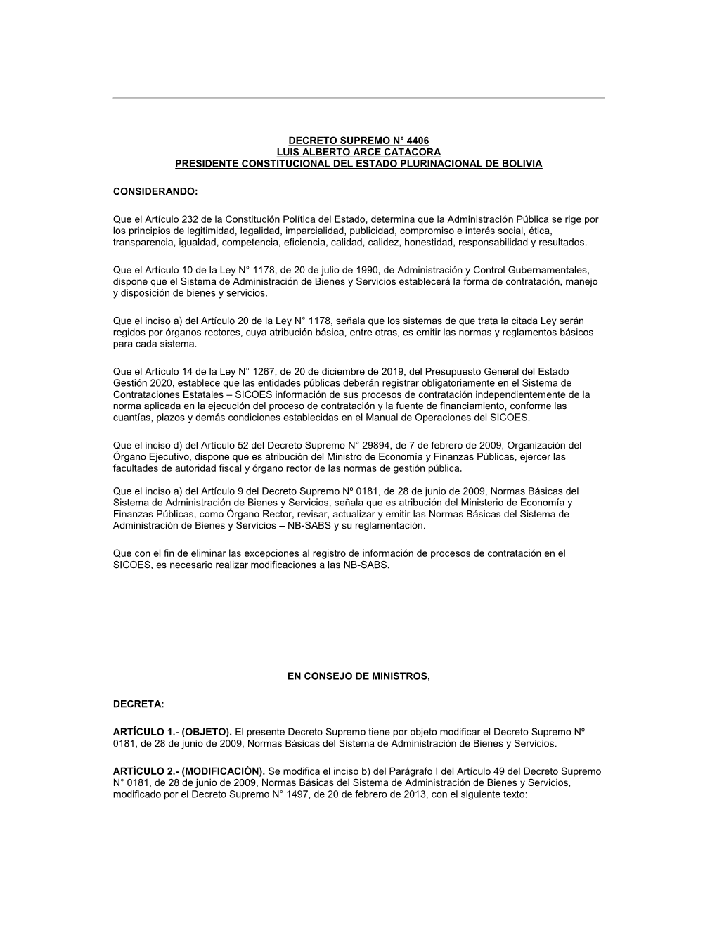 Decreto Supremo N° 4406 De Fecha 2 De Diciembre De 2020