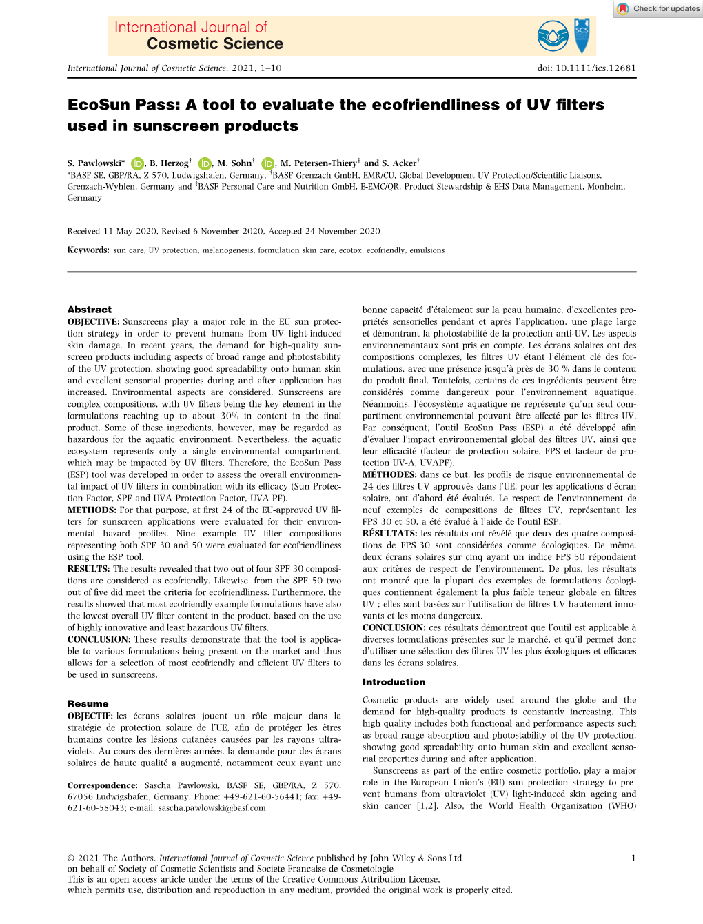 Ecosun Pass: a Tool to Evaluate the Ecofriendliness of UV Filters Used in Sunscreen Products