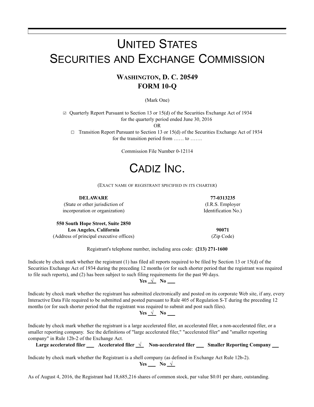 United States Securities and Exchange Commission Cadiz