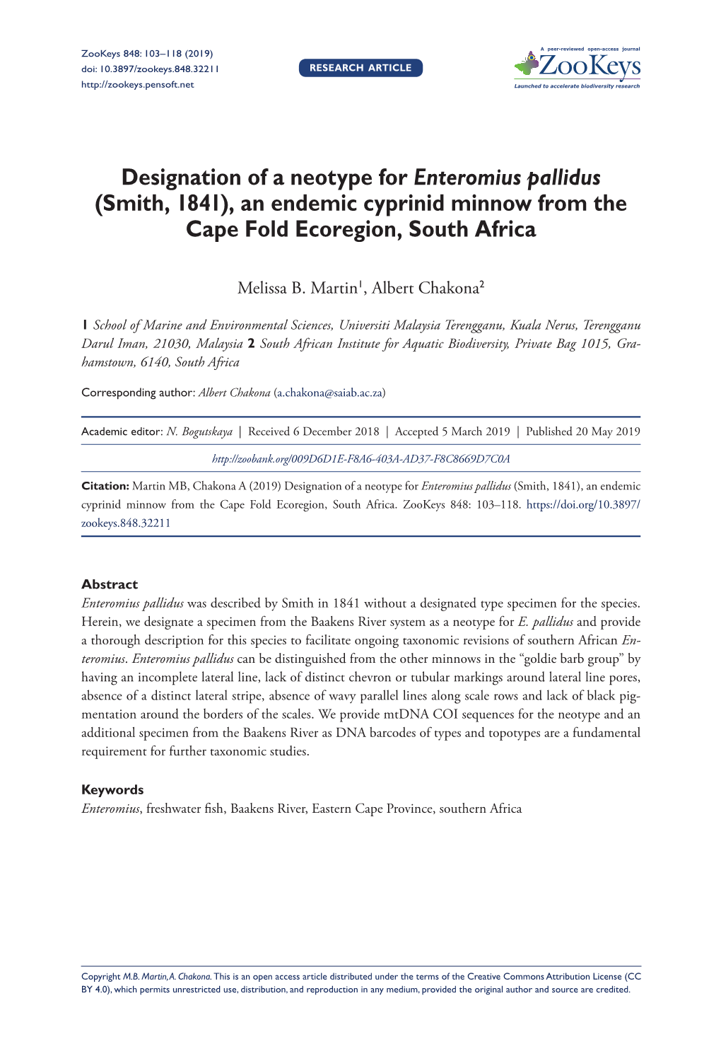 Designation of a Neotype for Enteromius Pallidus (Smith, 1841), an Endemic Cyprinid Minnow from the Cape Fold Ecoregion, South Africa