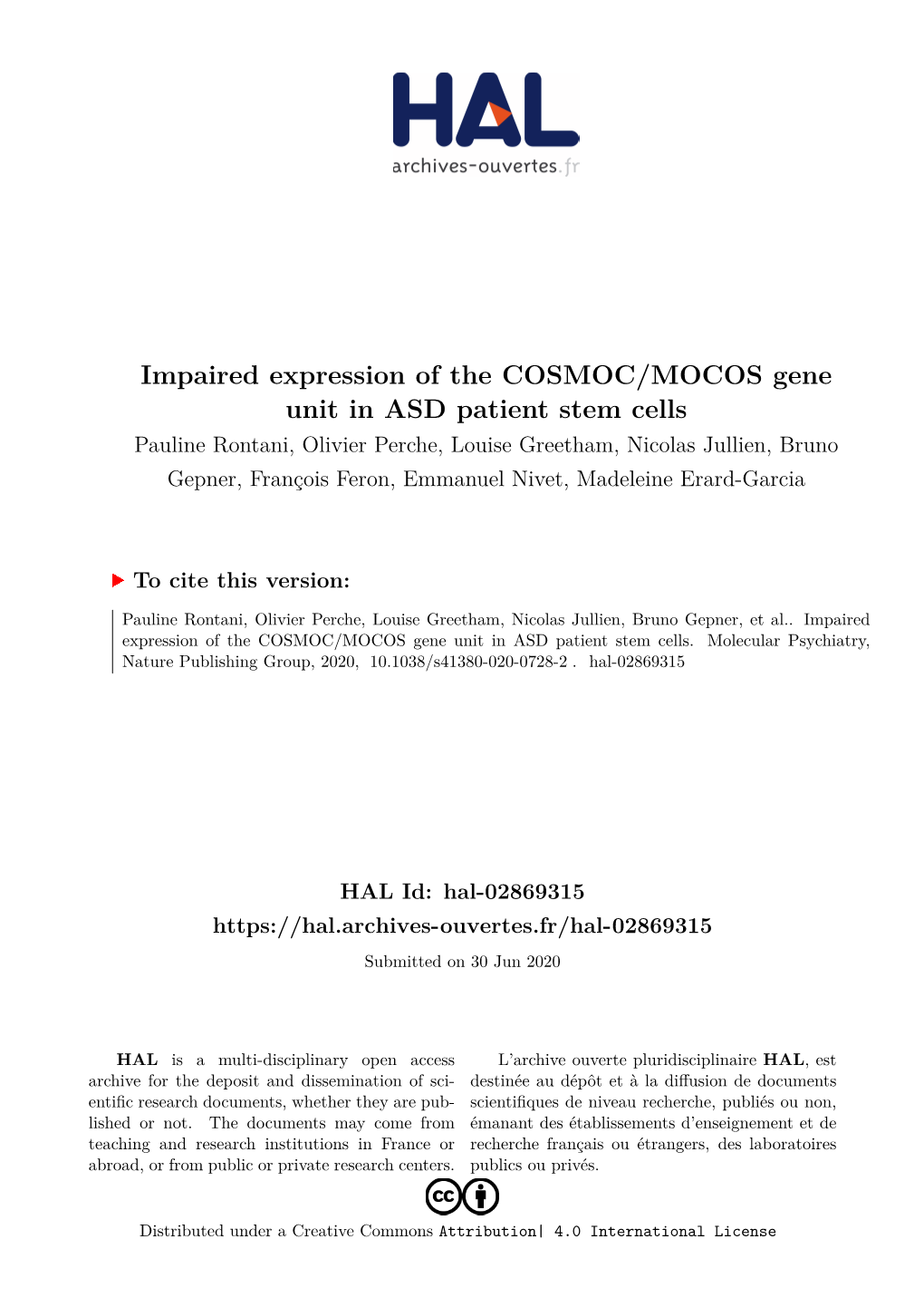 Impaired Expression of the COSMOC/MOCOS Gene Unit in ASD Patient Stem Cells