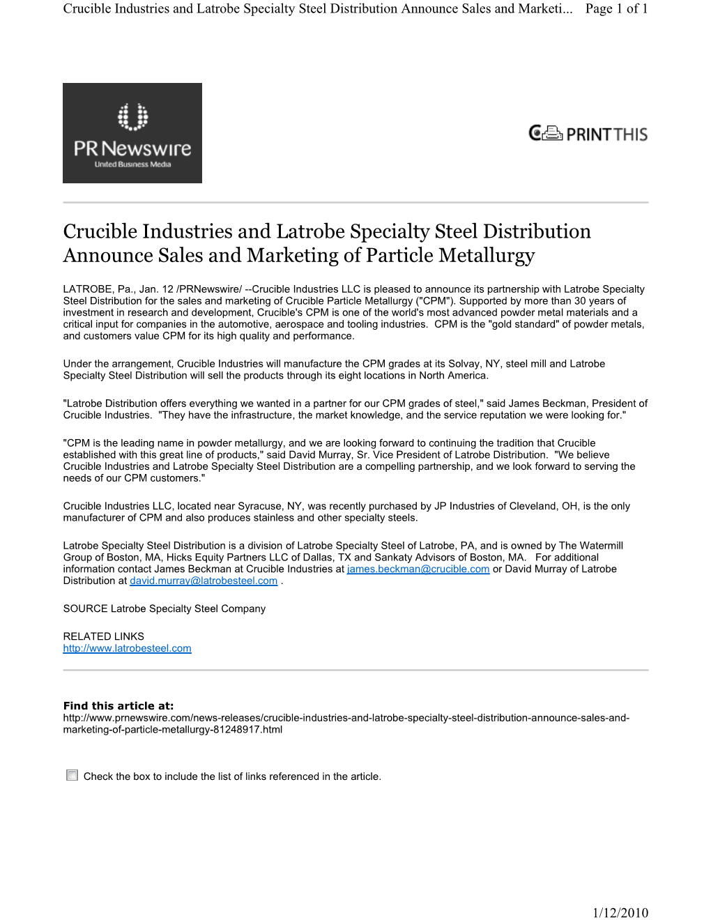 Crucible Industries and Latrobe Specialty Steel Distribution Announce Sales and Marketi