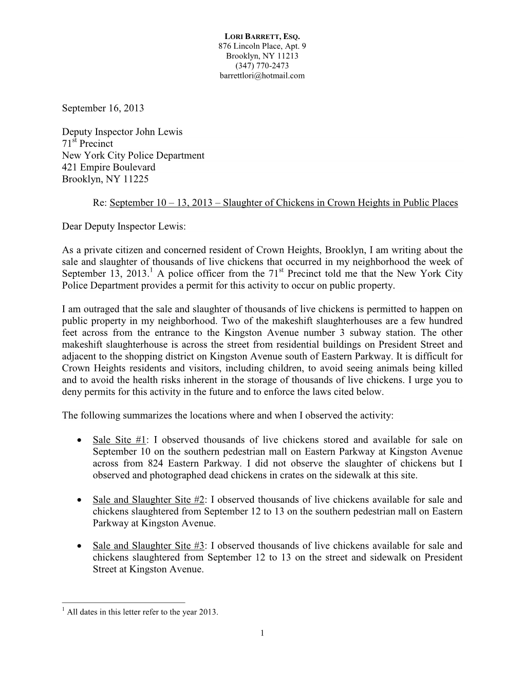 Lori Barrett, Esq. Letter to NYPD Re