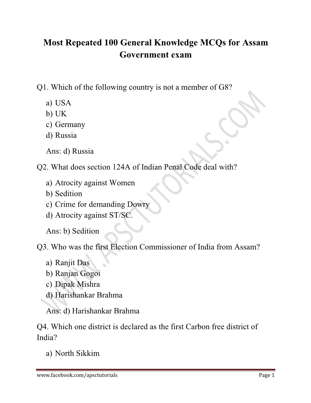 Most Repeated 100 General Knowledge Mcqs for Assam Government Exam