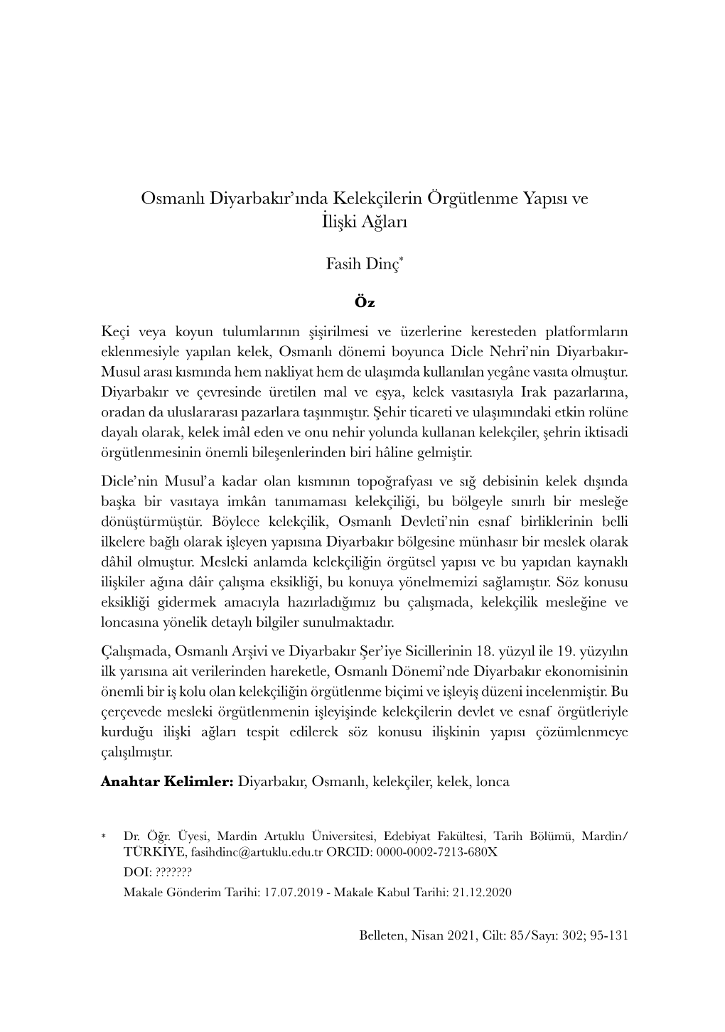 Osmanlı Diyarbakır'ında Kelekçilerin Örgütlenme Yapısı Ve İlişki Ağları