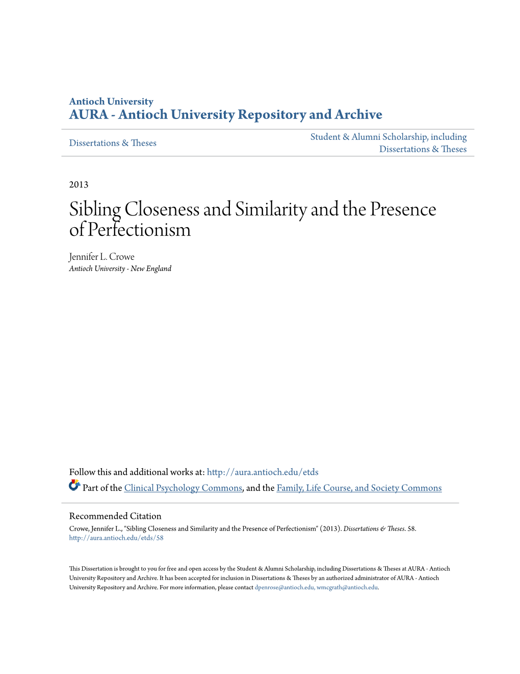 Sibling Closeness and Similarity and the Presence of Perfectionism Jennifer L
