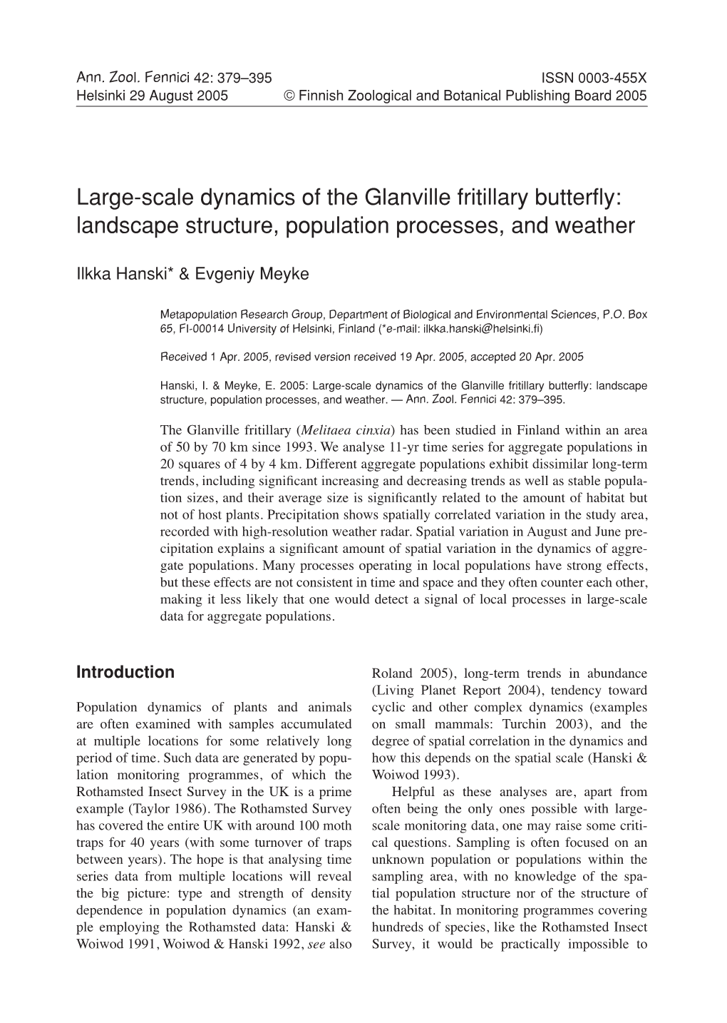 Large-Scale Dynamics of the Glanville Fritillary Butterfly
