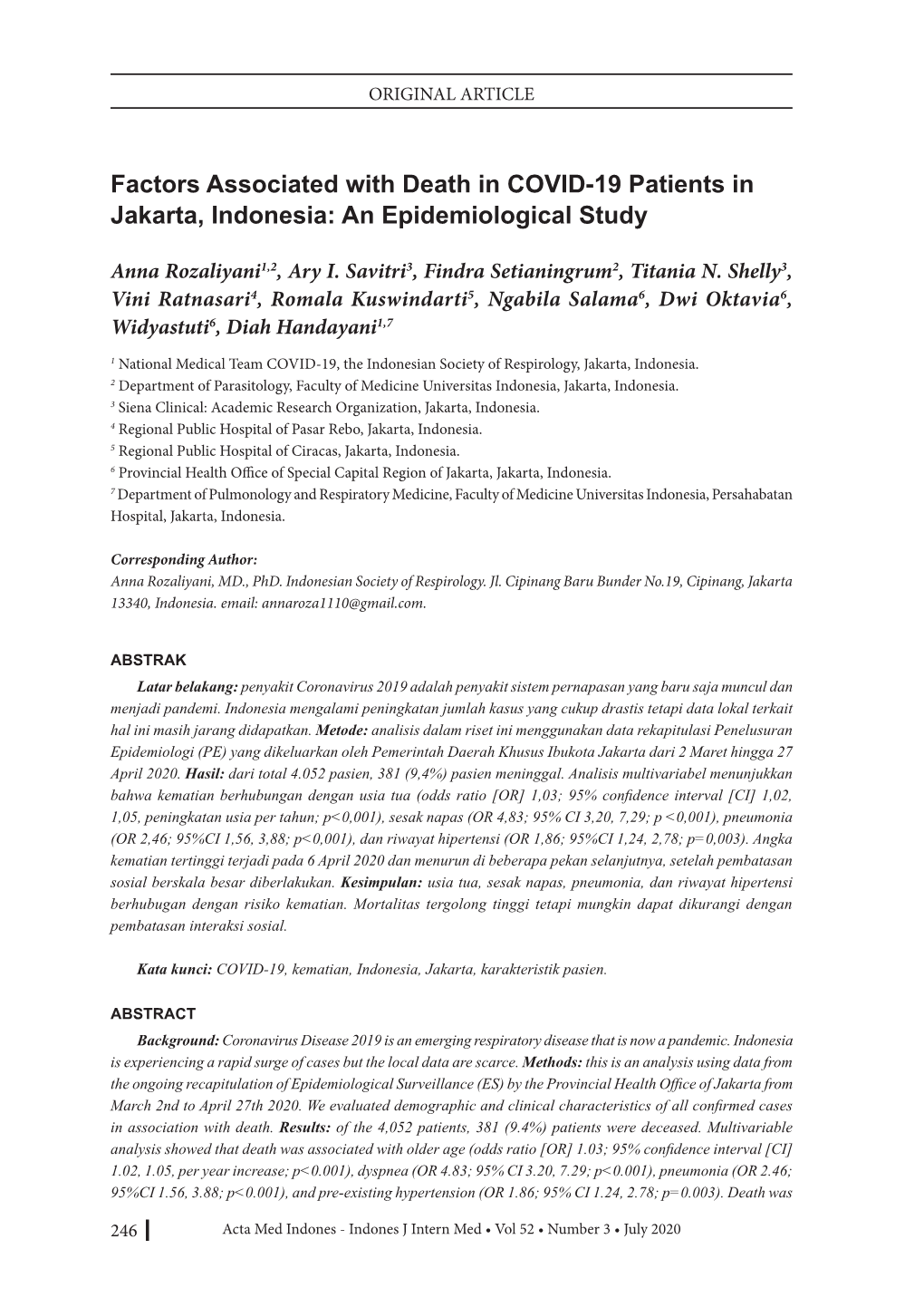 Factors Associated with Death in COVID-19 Patients in Jakarta, Indonesia: an Epidemiological Study