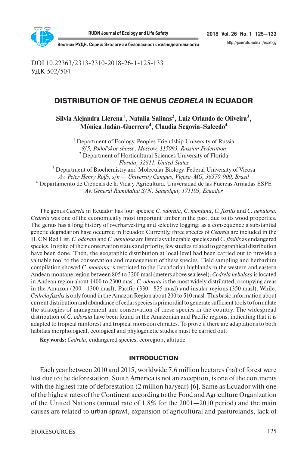 Distribution of the Genus Cedrela in Ecuador