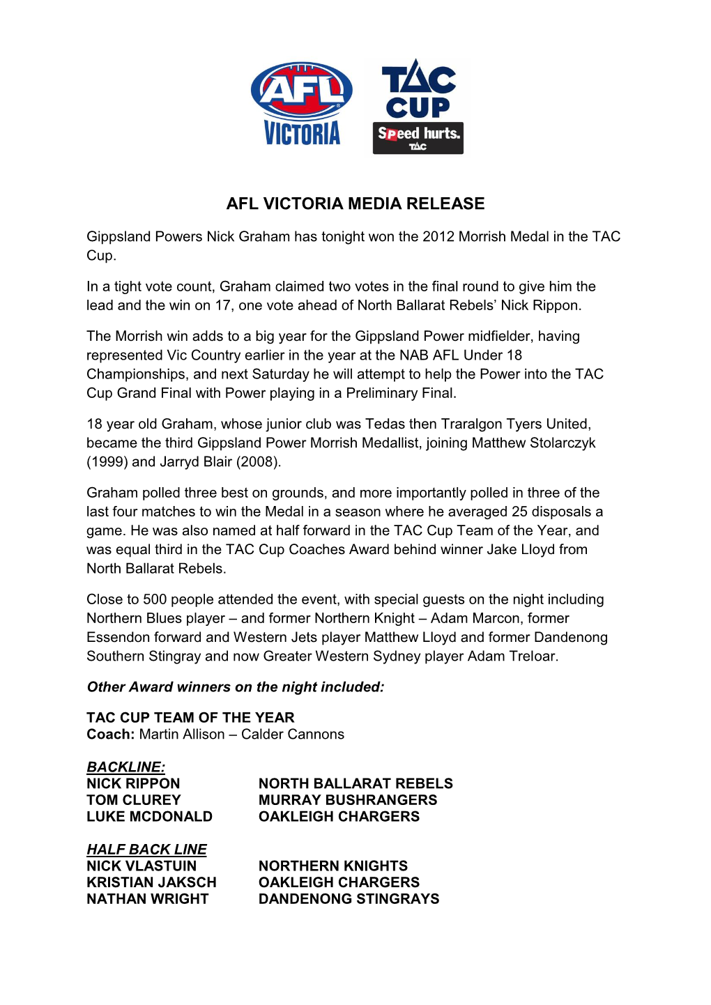 Afl Victoria Media Release