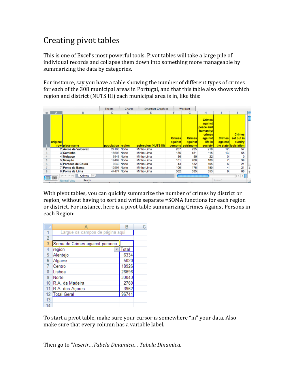 Creating Pivot Tables