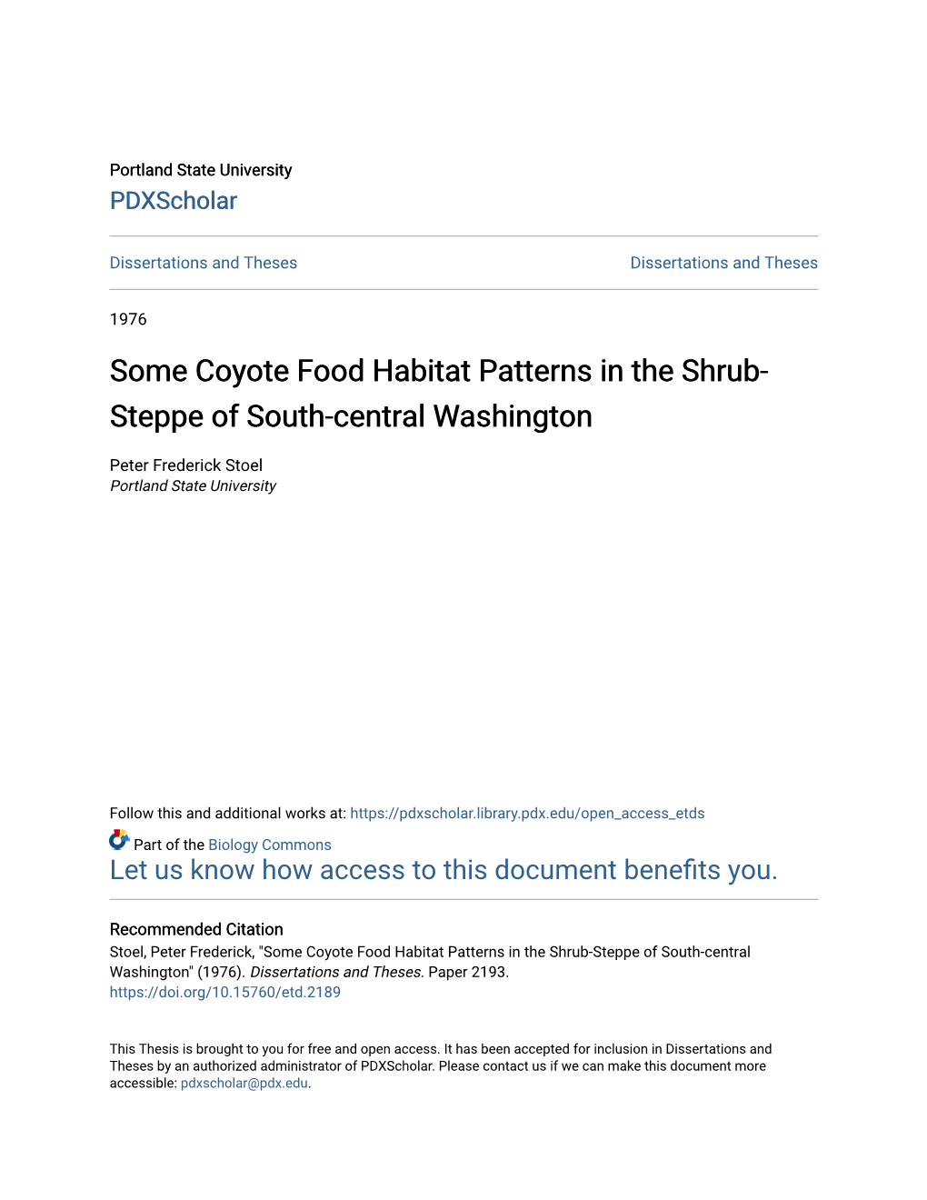 Some Coyote Food Habitat Patterns in the Shrub-Steppe of South-Central Washington" (1976)