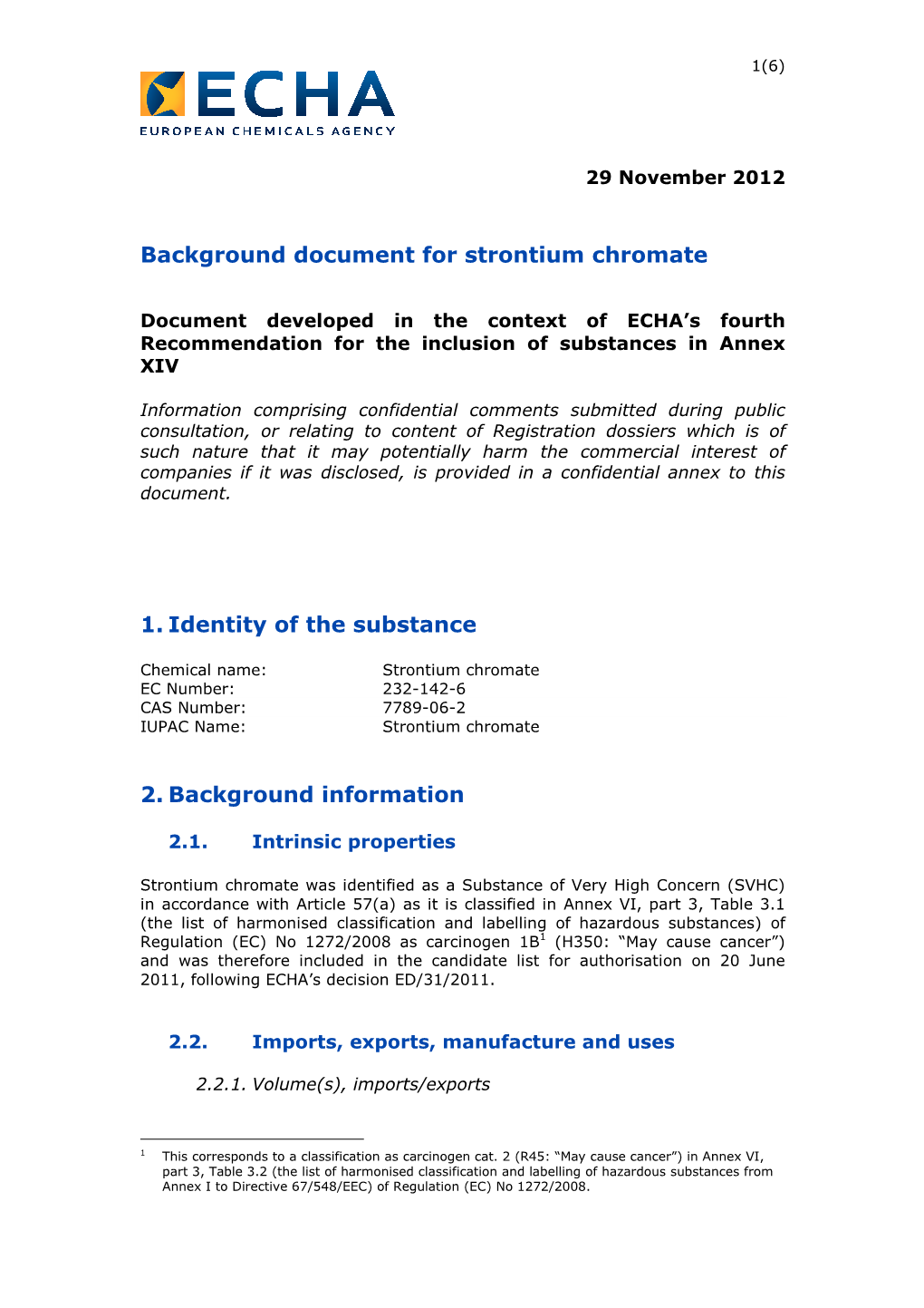 Background Document for Strontium Chromate 1. Identity of The