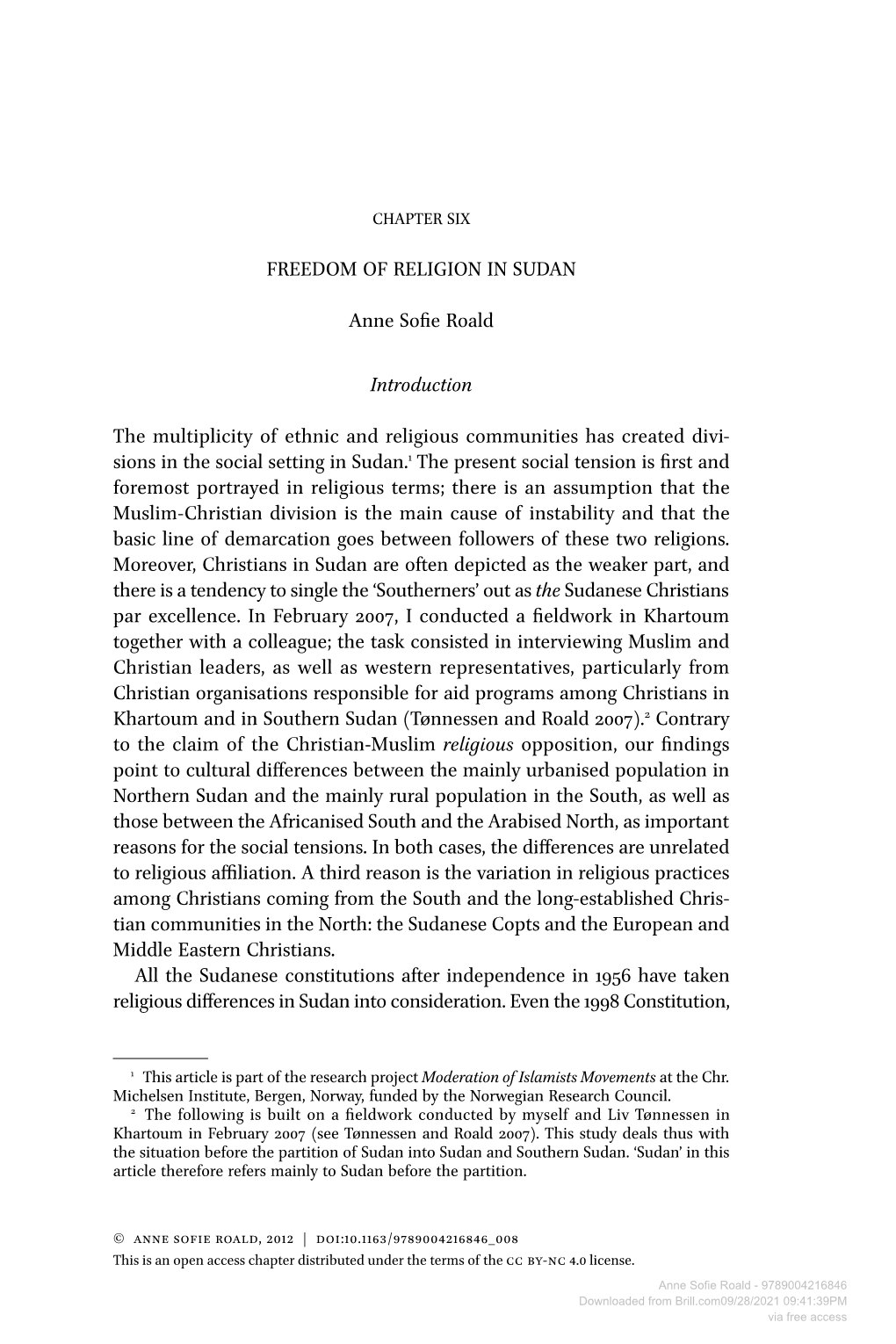 FREEDOM of RELIGION in SUDAN Anne Sofie Roald Introduction The