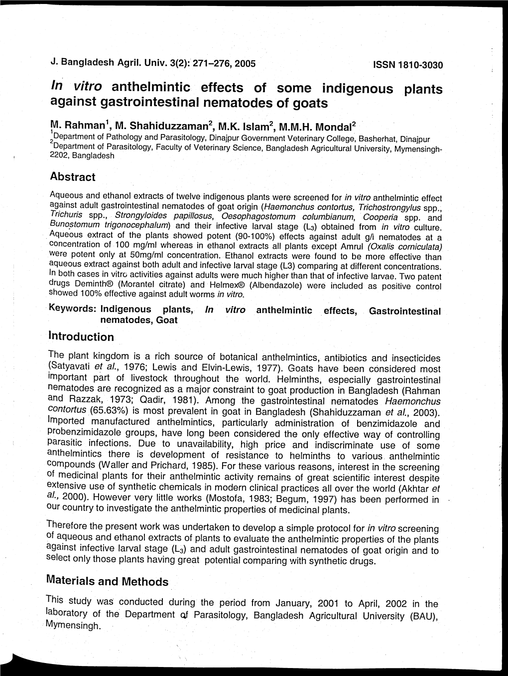 In Vitro Anthelmintic Effects of Some Indigenous Plants Against Gastrointestinal Nematodes of Goats