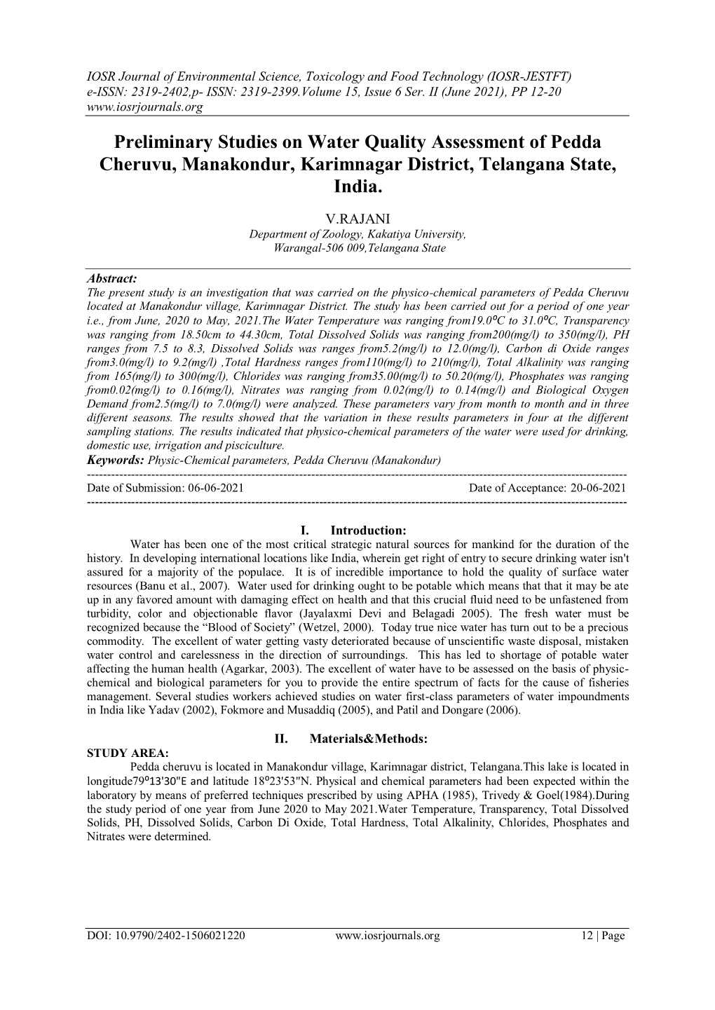 Preliminary Studies on Water Quality Assessment of Pedda Cheruvu, Manakondur, Karimnagar District, Telangana State, India