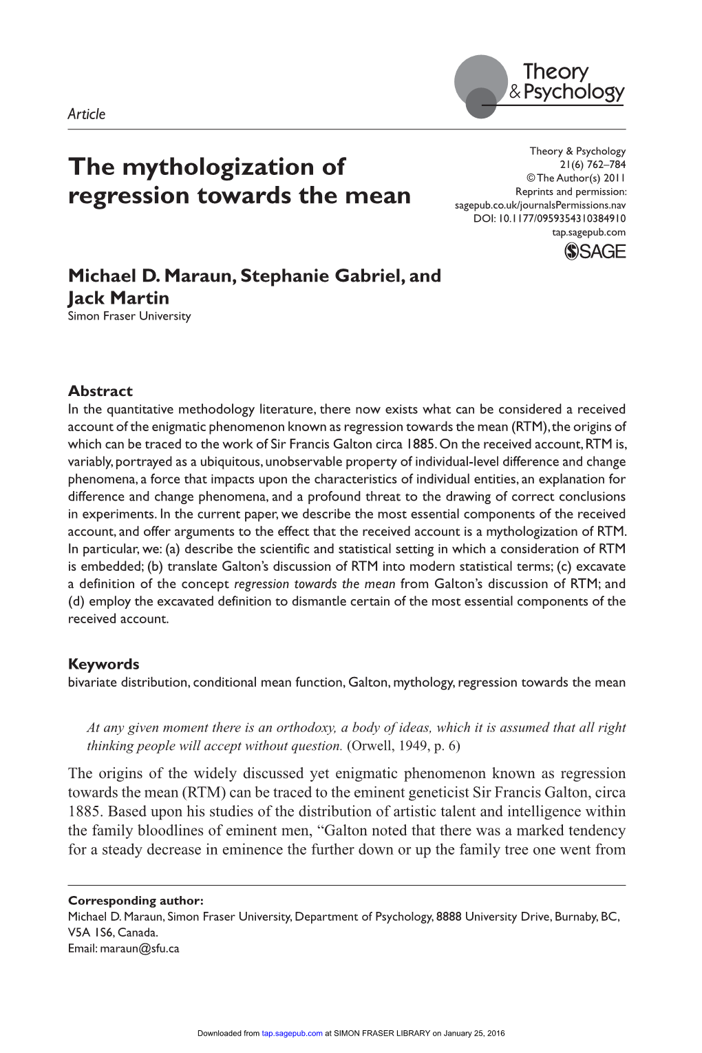 The Mythologization of Regression Towards the Mean the Received Account of RTM Is a Paradigm Case of a Phenomenon Having Been Mythologized