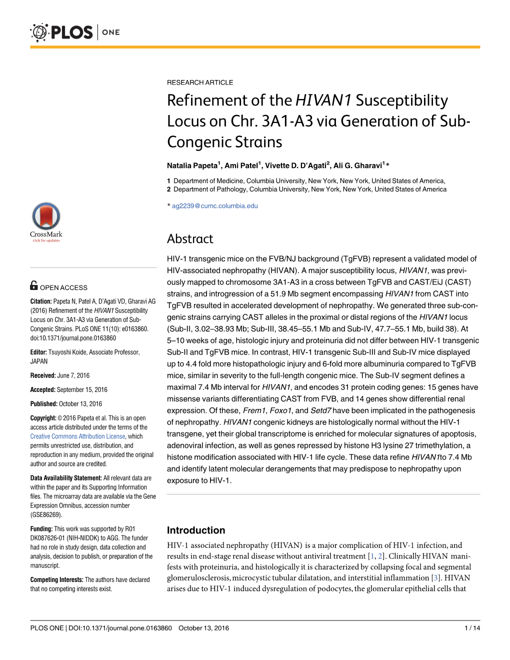 Refinement of the HIVAN1 Susceptibility Locus on Chr. 3A1-A3 Via Generation of Sub- Congenic Strains