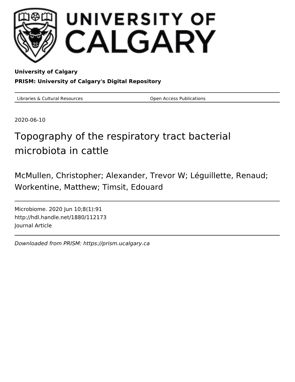 Topography of the Respiratory Tract Bacterial Microbiota in Cattle