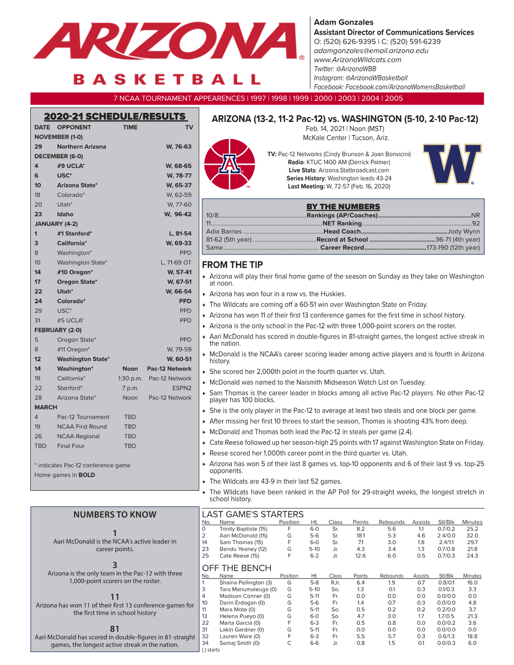 (13-2, 11-2 Pac-12) Vs. WASHINGTON (5-10, 2-10 Pac-12) DATE OPPONENT TIME TV Feb