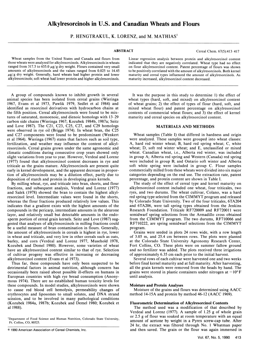 Alkylresorcinols in U.S. and Canadian Wheats and Flours