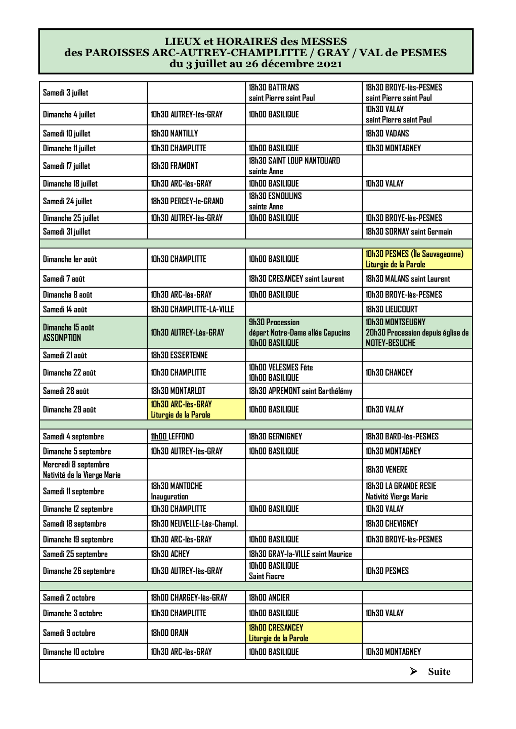 LIEUX Et HORAIRES Des MESSES Des PAROISSES ARC-AUTREY-CHAMPLITTE / GRAY / VAL De PESMES Du 3 Juillet Au 26 Décembre 2021