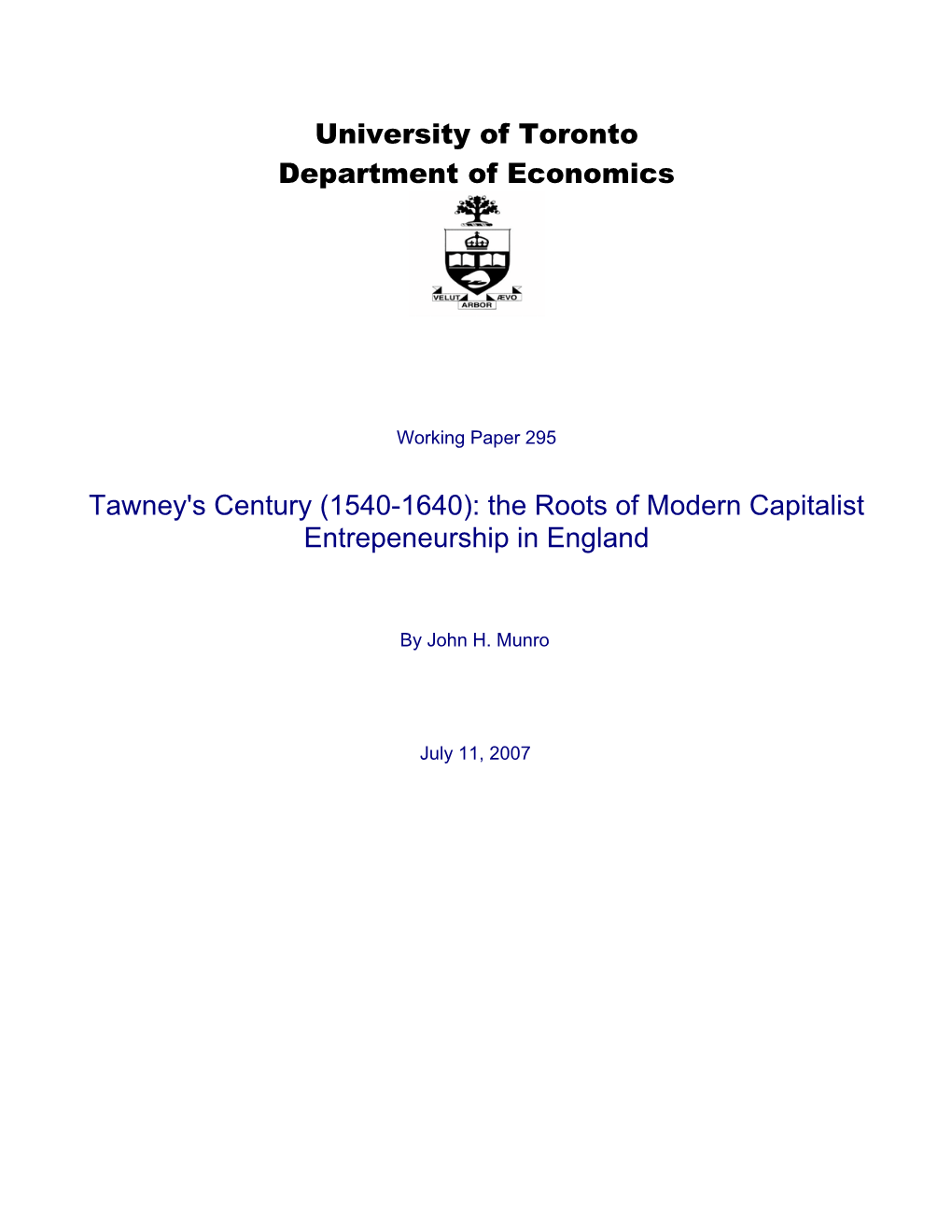 University of Toronto Department of Economics Tawney's Century (1540