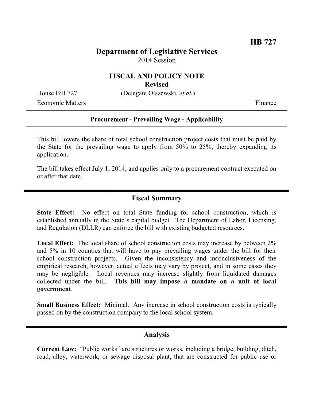 HB 727 Department of Legislative Services 2014 Session