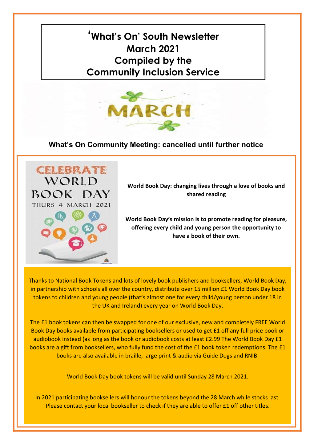 'What's On' South Newsletter March 2021 Compiled by the Community