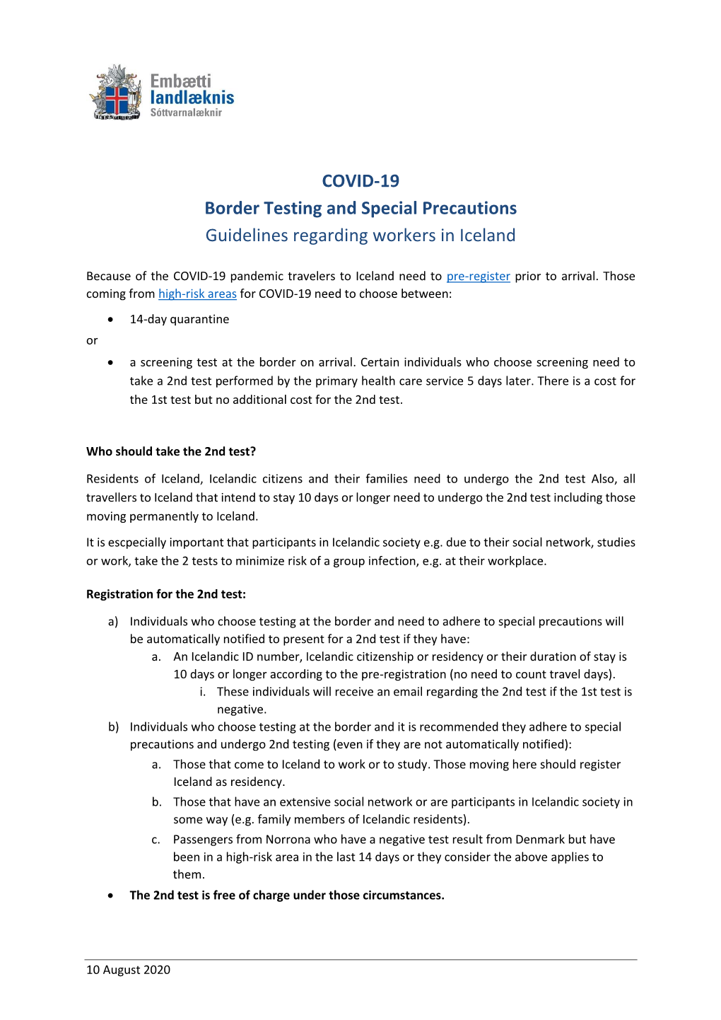 COVID-19 Border Testing and Special Precautions Guidelines Regarding Workers in Iceland