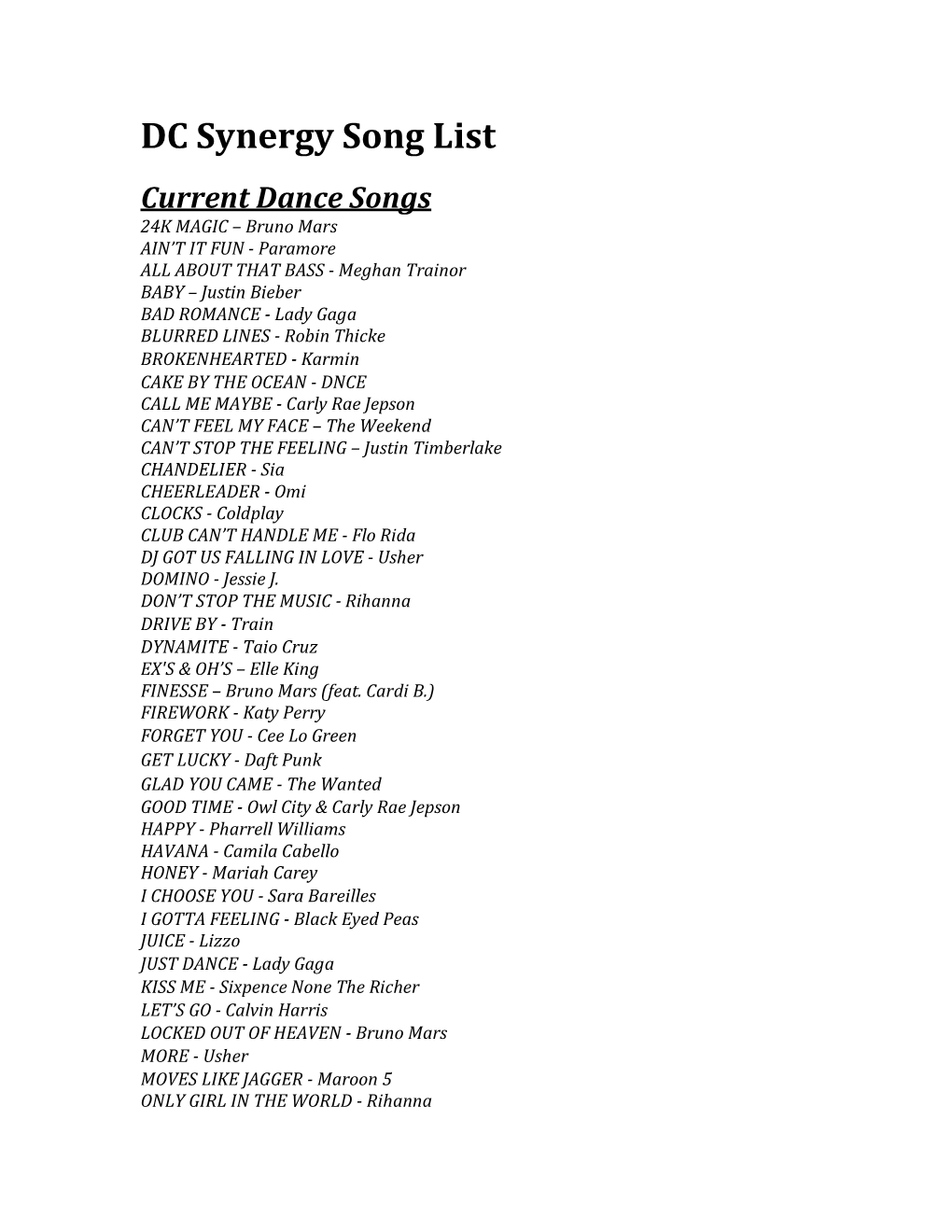 DC Synergy Song List