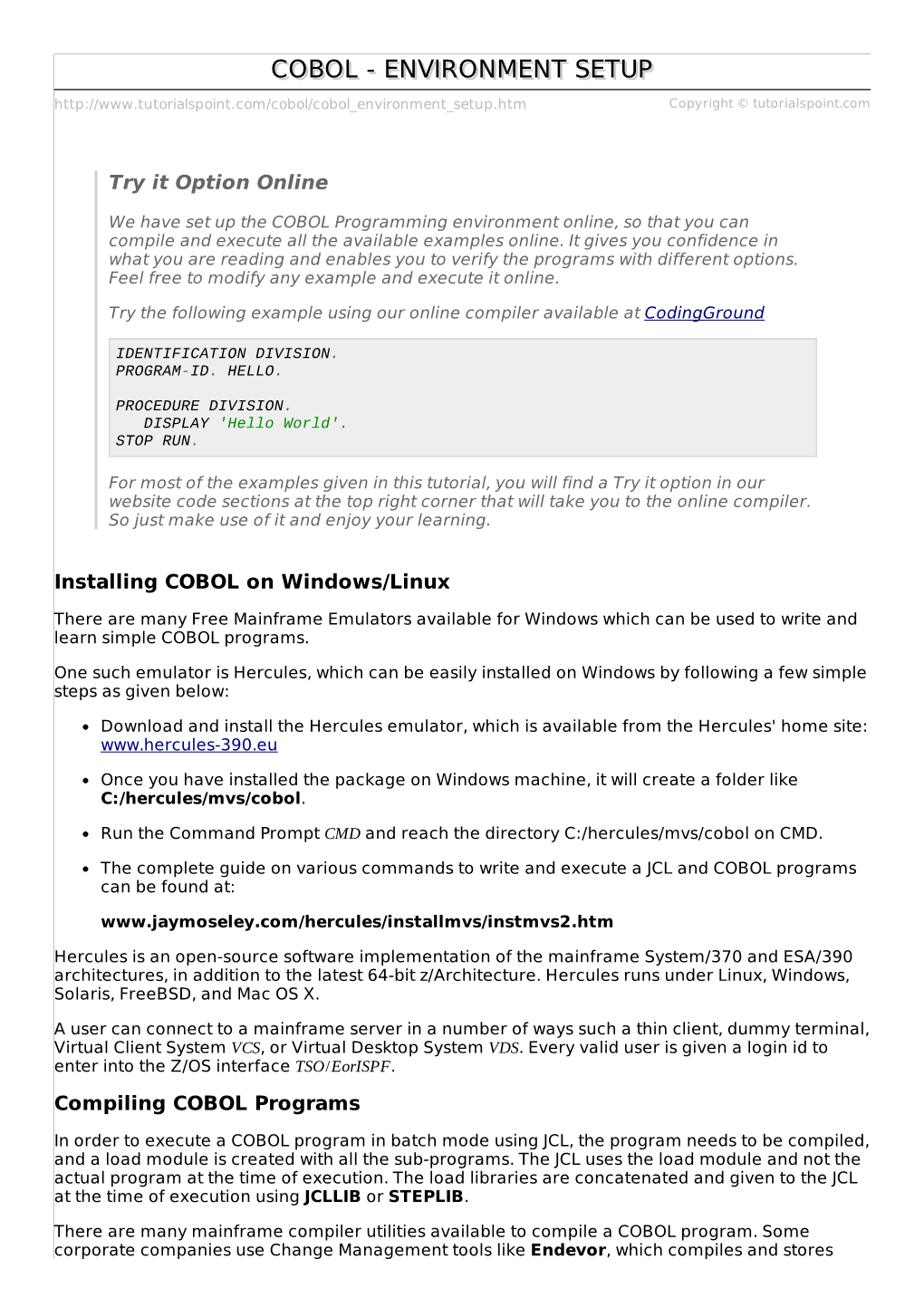 Cobol/Cobol Environment Setup.Htm Copyright © Tutorialspoint.Com