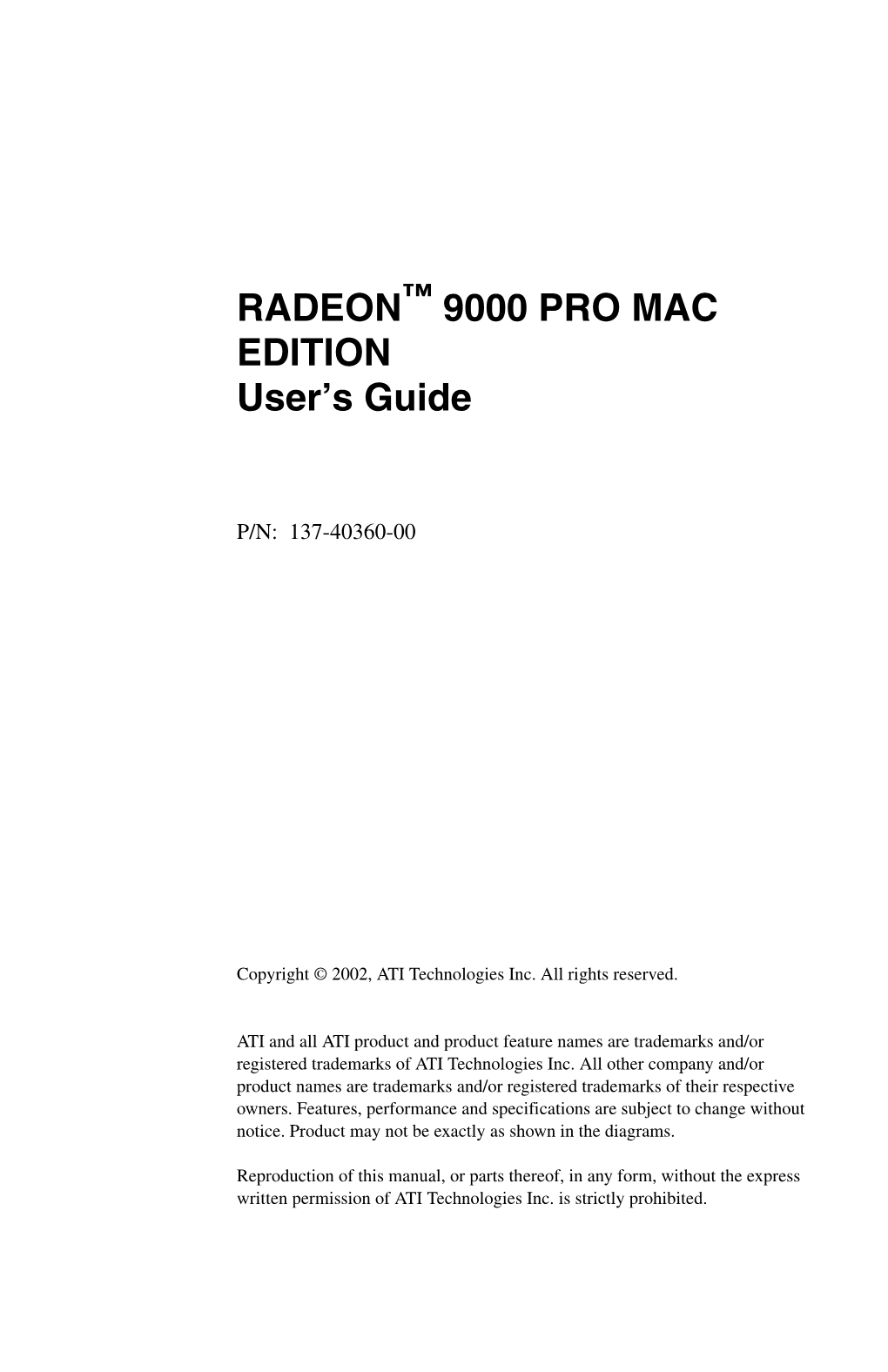 RADEON 9000 PRO MAC EDITION User's Guide