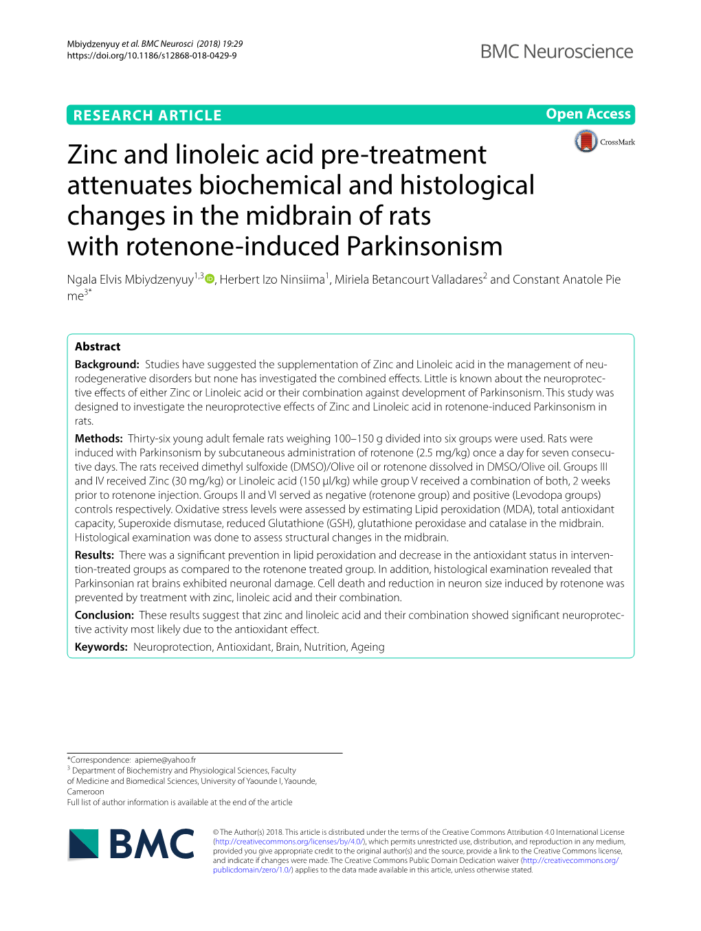 Zinc and Linoleic Acid Pre-Treatment Attenuates Biochemical And