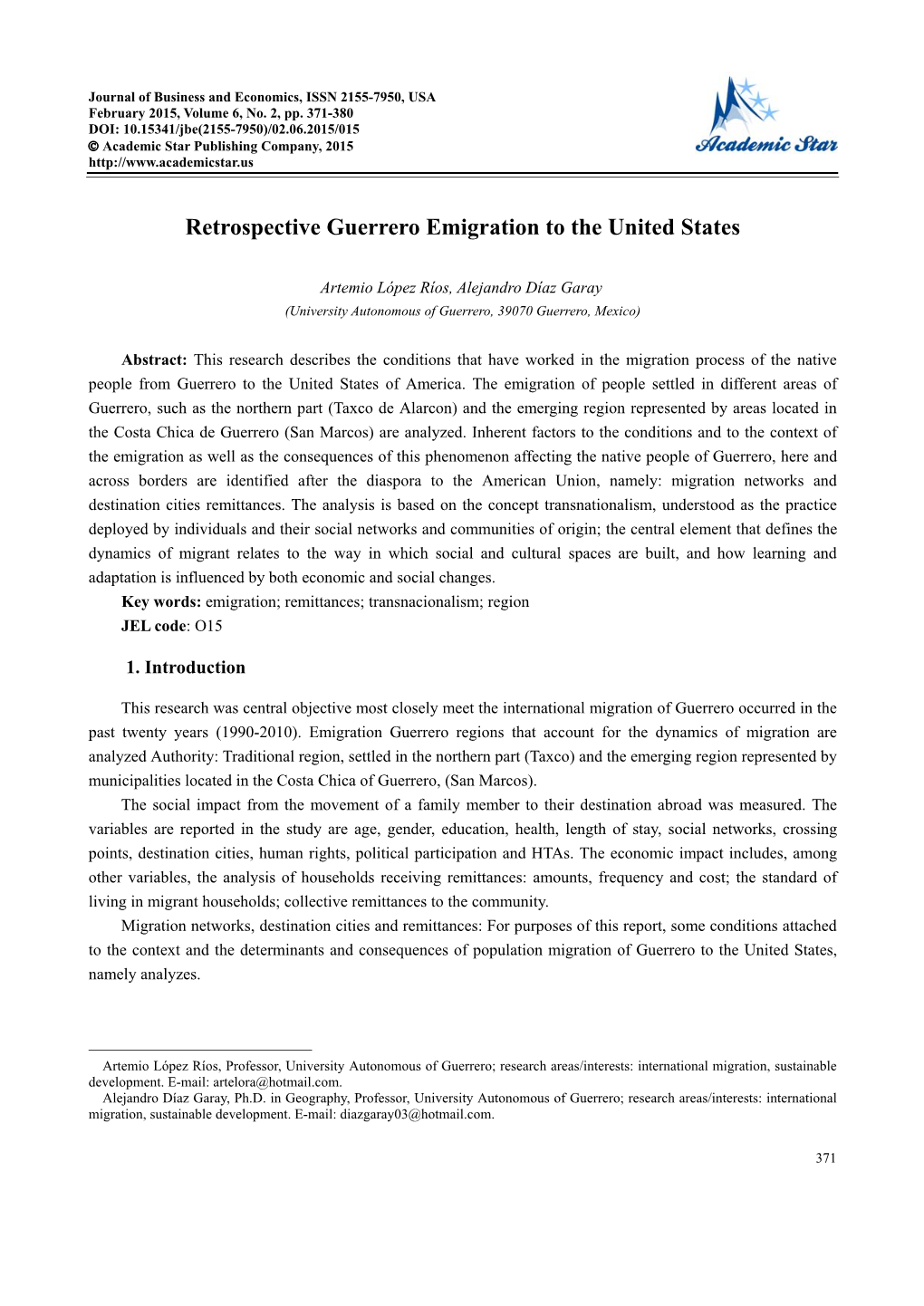 Retrospective Guerrero Emigration to the United States