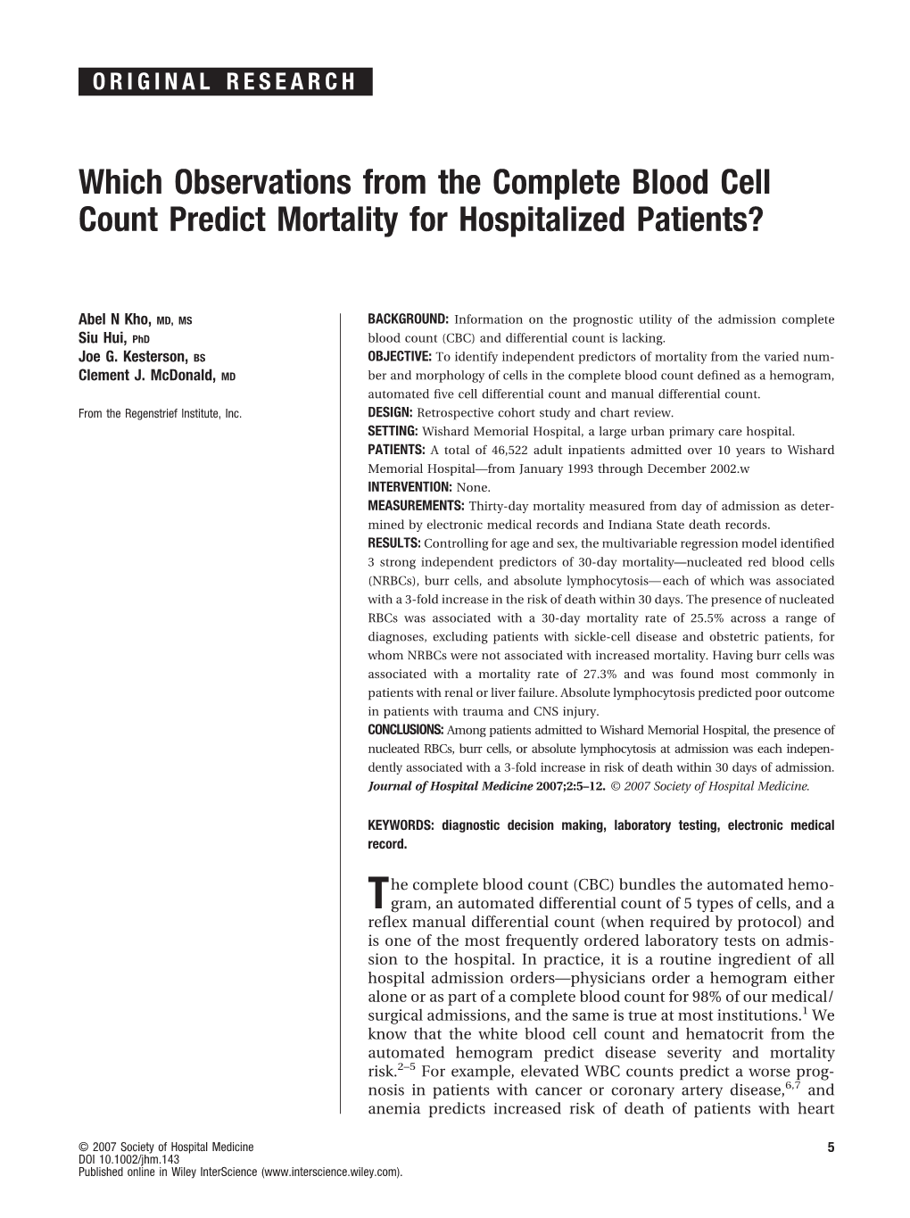 Which Observations from the Complete Blood Cell Count Predict Mortality for Hospitalized Patients?